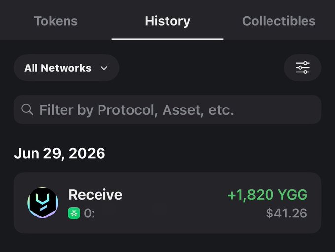 Screenshot of a crypto wallet history tab showing a received transaction on June 29, 2026, crediting +1,820 YGG tokens (worth $41.26). This aligns with the post celebrating an airdrop or reward received from the YGG Play platform.