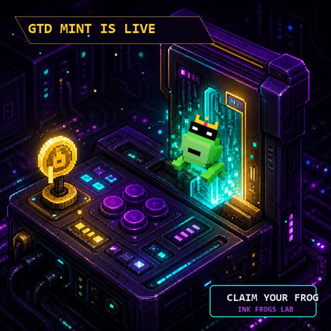A pixel-art style promotional image showing a green frog character with a crown emerging from a futuristic arcade machine, with text 'GTD MINT IS LIVE' and 'CLAIM YOUR FROG INK FROGS LAB'.