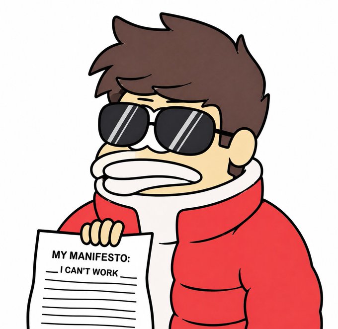 A cartoon illustration of a man in sunglasses and a red puffer jacket holding a paper titled 'MY MANIFESTO: I CAN'T WORK'.