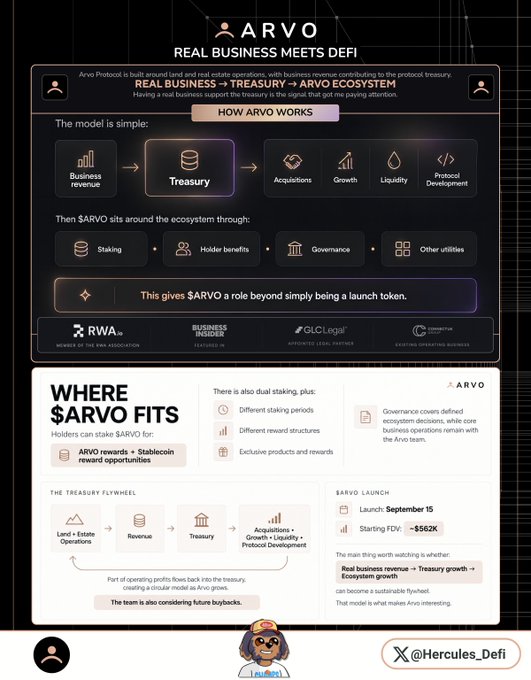 An infographic about the ARVO cryptocurrency project titled 'REAL BUSINESS MEETS DEFI,' explaining how the protocol works with a flow from 'Business revenue' to 'Treasury' to acquisitions and growth, and includes launch details with a starting FDV of ~$562K.