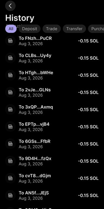 The image shows a transaction history page displaying multiple outgoing transfers of -0.15 SOL each, all dated August 3, 2026, to various recipient addresses. This appears to be screenshot evidence supporting the post's claim of distributing 1.5 SOL total across multiple recipients as part of a giveaway.