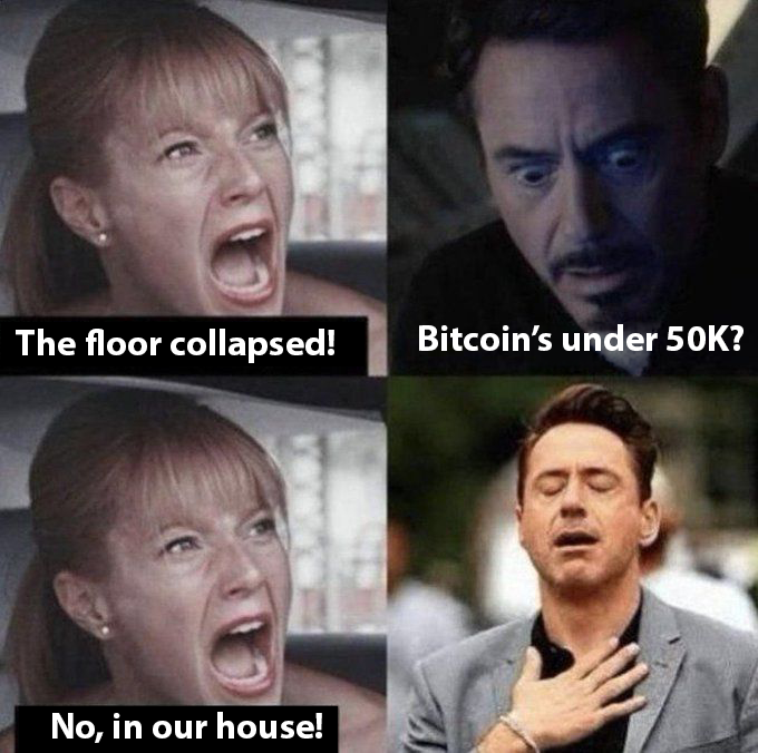 A four-panel meme featuring Gwyneth Paltrow and Robert Downey Jr. The top panels show Gwyneth screaming 'The floor collapsed!' and RDJ looking shocked at 'Bitcoin's under 50K?' The bottom panels show Gwyneth screaming 'No, in our house!' and RDJ with his eyes closed and hand on his chest.