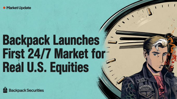 Market update graphic from Backpack Securities announcing the launch of the first 24/7 market for real U.S. equities, featuring an illustrated character with a clock motif.