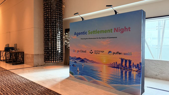 A pre-function setup scene shows a large illuminated banner displaying "Agentic Settlement Night" with the tagline "Powering the infrastructure for the future of Commerce," featuring sponsor logos for Google Cloud, Anchorage Digital, Puffer, and Unifi. The event is scheduled for Friday, October 31, 2025, at Venue VII in Singapore, matching the post's anticipation of an evening gathering in the city.