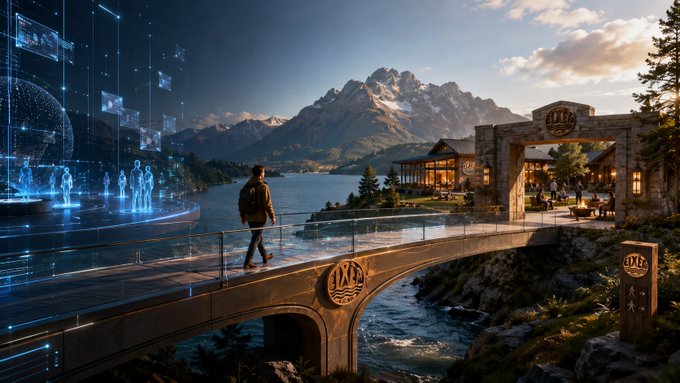 A futuristic digital artwork showing a person walking across a stone bridge that transitions into a holographic blue technological realm, with mountains and a lodge in the background.