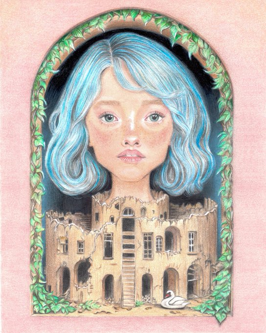 A whimsical illustration of a girl with flowing blue hair whose body transforms into a ruined stone castle, framed by green vines, with a white swan at the base on a pink background.