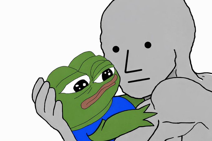 Cartoon illustration of Pepe the Frog being held by a gray humanoid figure on a white background.