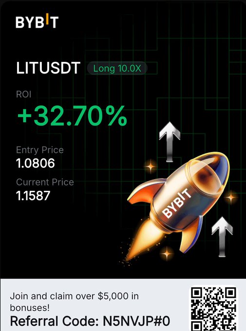 This image displays a BYBIT trading profit screenshot for Litus (LIT/USDT) showing a +32.70% ROI with an entry price of 1.0806 and a current price of 1.1587. The graphic features a rocket icon symbolizing the "moon mission" sentiment often associated with such high percentage gains.