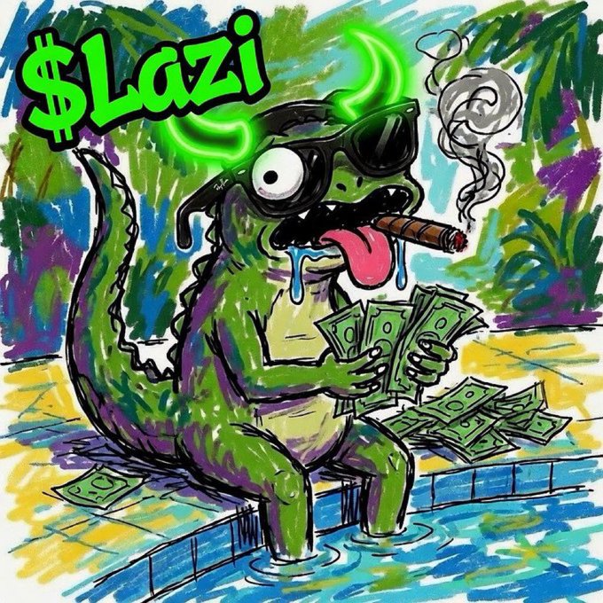Colorful cartoon meme of a one-eyed alligator with glowing green dollar signs ($LAZI) above its head, smoking a cigar while holding cash by a pool.