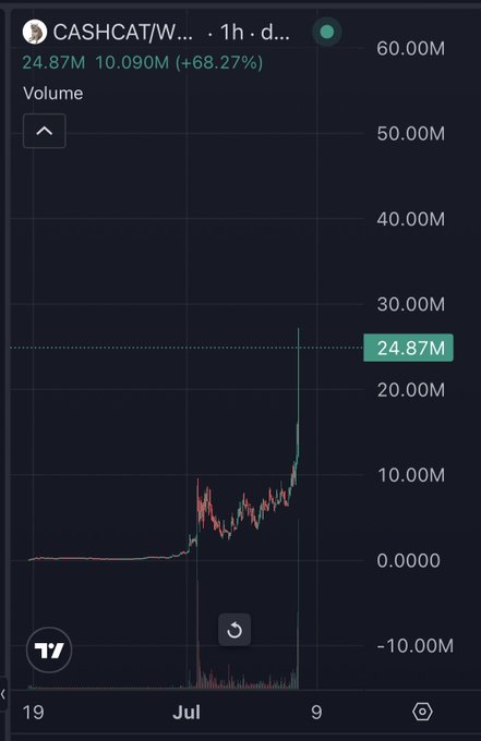 A TradingView volume chart for CASHCAT/W (CashCat) shows a sudden spike to 24.87M volume, an increase of 68.27% (10.09M), illustrating the dramatic trading surge referenced in the claim about Robinhood's CEO following the token.