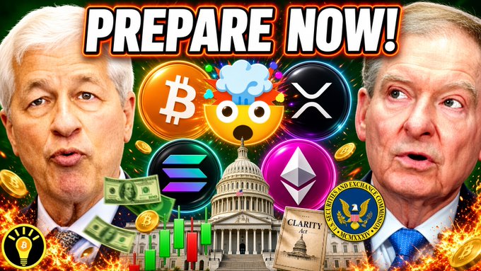 A YouTube-style thumbnail with 'PREPARE NOW!' text featuring two men (Jamie Dimon and a government official) flanking cryptocurrency logos including Bitcoin, XRP, Solana, and Ethereum, along with the U.S. Capitol building, dollar bills, and SEC logo.