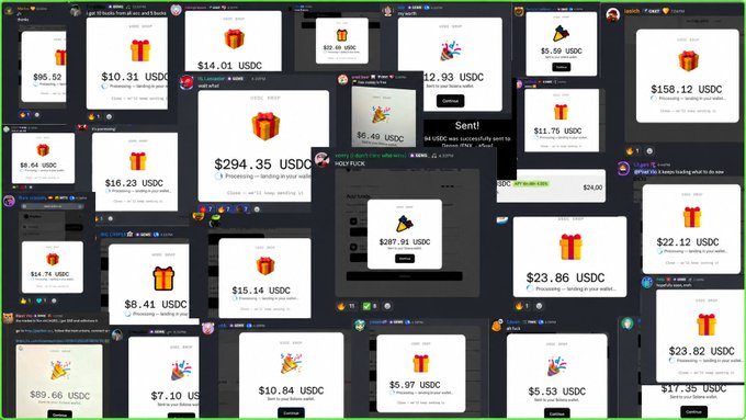 Screenshot of a Telegram channel displaying numerous gift notifications in USDC amounts ranging from a few dollars to hundreds.