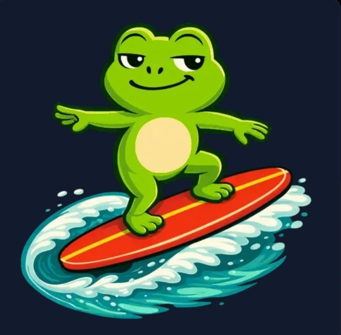 An illustration of a green frog with half-closed eyes surfing on a red surfboard through stylized blue waves on a dark background.