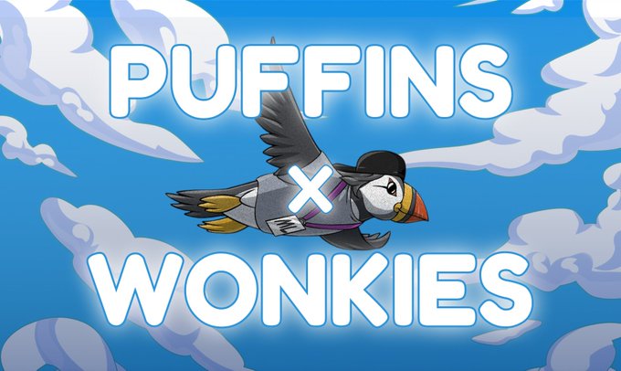 An illustration of a puffin flying against a blue cloudy sky with the large white text 'PUFFINS X WONKIES' overlaid.