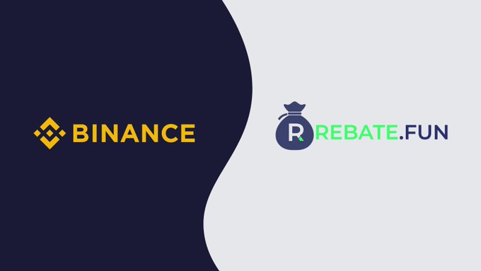 A promotional graphic split into two halves, featuring the yellow Binance logo on a dark navy background on the left, and the green "Rebate.fun" logo with a money bag icon on a light blue background on the right, visually representing the partnership announced in the post.
