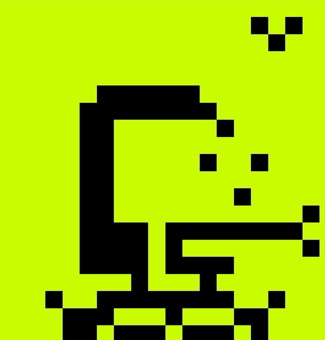A minimalist digital graphic showing a black pixelated, melting/blocky character design on a bright neon yellow-green background.