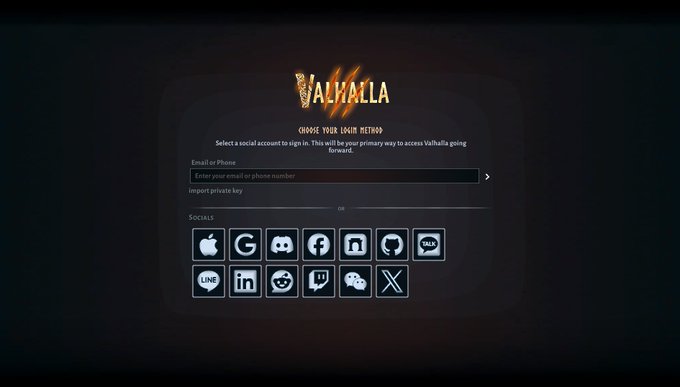 A 'Valhalla' login screen asking users to 'CHOOSE YOUR LOGIN METHOD' via email/phone or social accounts, with logos for Apple, Google, Discord, Facebook, LinkedIn, GitHub, X, and others.