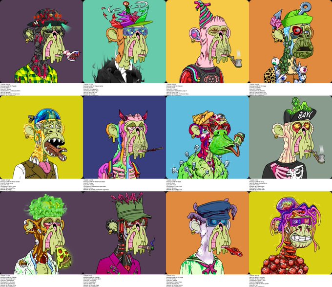 A grid of twelve cartoon-style zombie or mutant ape characters, styled like Bored Apes NFTs, each with unique colorful hats, accessories, and items like burgers and cigarettes.
