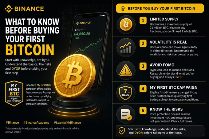 A Binance educational infographic titled "WHAT TO KNOW BEFORE BUYING YOUR FIRST BITCOIN," featuring five tips like "Limited Supply" and "Volatility is Real" alongside an image of a smartphone displaying BTC price.