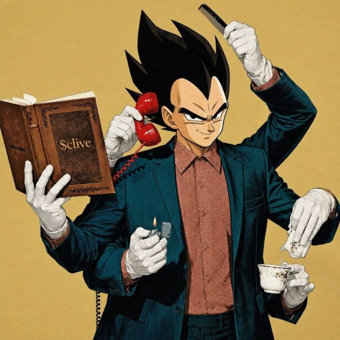 A multi-armed anime figure in a suit juggles a book titled "Sclive," a red phone, a comb, a lighter, and a teacup against a yellow background, mirroring the post's theme of $CLIVE bag workers multitasking through tough "red days" to build toward eventual "green days."