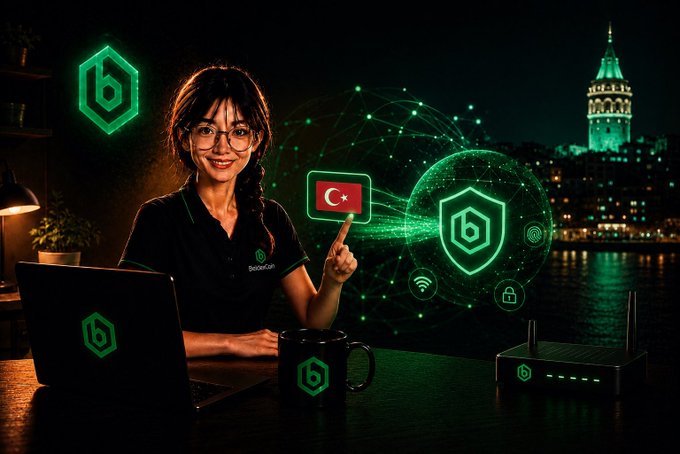 A woman wearing glasses and a 'BedrockCoin' branded polo shirt holds up a Turkish flag icon, with a green hexagonal crypto logo, digital shield, and a router displayed on her desk against a nighttime Istanbul backdrop featuring the Galata Tower.