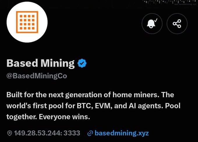 Based Mining (@BasedMiningCo) verified Twitter profile displaying a grid logo, promoting itself as "the world's first pool for BTC, EVM, and AI agents" with the pool address 149.28.53.244:3333 and website basedmining.xyz, which aligns with the post highlighting their innovative mining pool approach and upcoming Robinhood launch.
