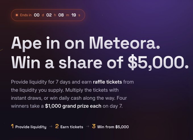 A promotional graphic reading 'Ape in on Meteora. Win a share of $5,000,' detailing a 7-day liquidity provision program with raffle tickets and daily cash prizes.