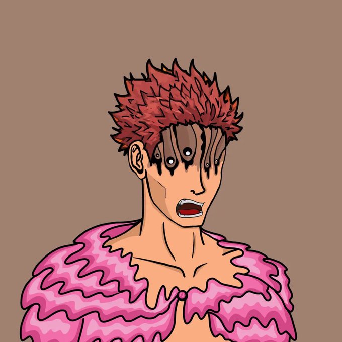 A stylized anime character with spiky red hair, multiple eyes, and a pink ruffled garment displays a shocked expression, matching the post's "gm" greeting and playful tease that "CT will get weird" with its surreal, offbeat aesthetic.