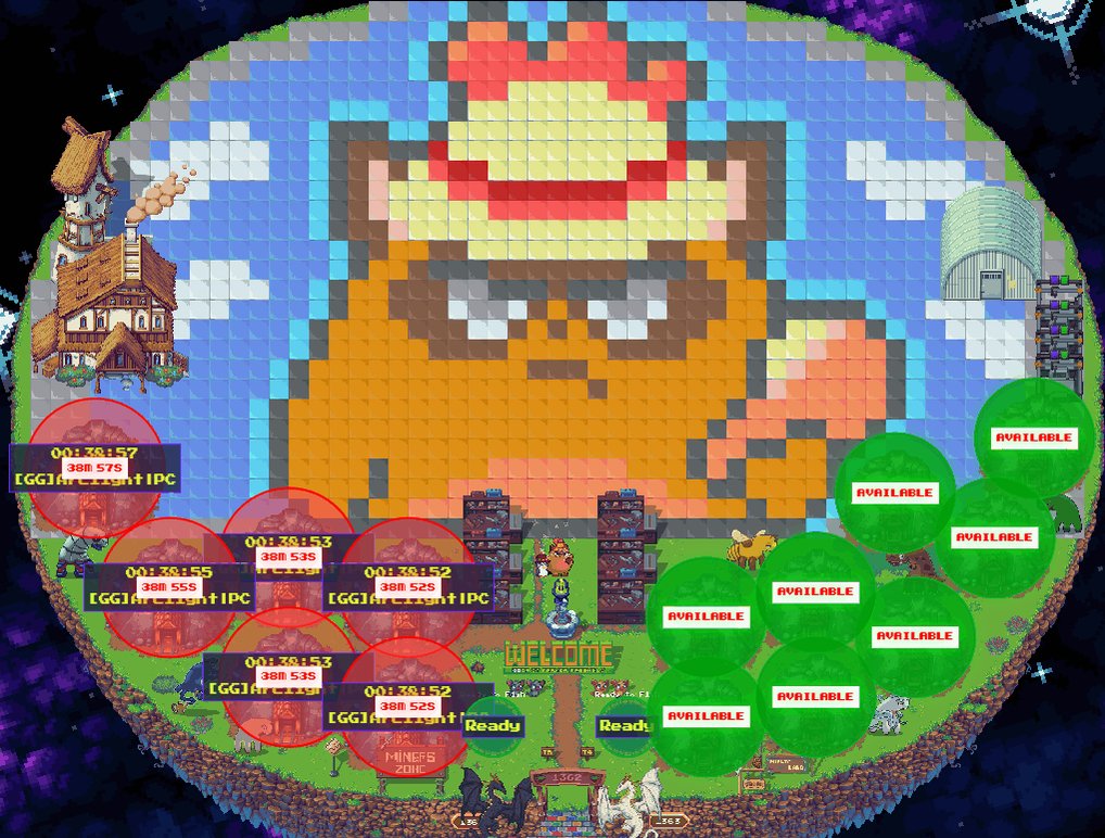 The image features a large cartoon cat wearing a hat with a red ribbon around its neck, standing on top of a map that shows various locations such as farms, buildings, and trees. The cat appears to be holding a sign that says "Welcome" in a playful manner. The background of the image is filled with blue and purple colors, giving it a whimsical and artistic feel. The post includes text that reads "Come farm with me, Land 1362. Mines: T4 & T5 Stove - T4 Woodworking - T4 Yield Reactor Fish Ponds Animal care - T2 & T3 Thanks to @arie_bellonk for this awesome art on my Land! DM him if you want business." The image also contains a small image of an egg, which is likely part of the game's farming system.
