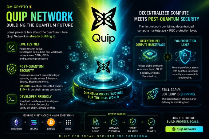 A promotional graphic for 'GM CRYPTO QUIP NETWORK' advertising decentralized compute and post-quantum security, featuring a butterfly logo and references to Ethereum, Solana, and Bitcoin.