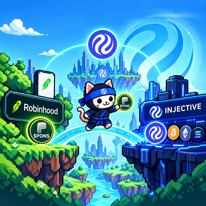 A vibrant pixel-art style promotional illustration featuring an Injective ninja cat character in a fantasy landscape, with branding for Robinhood, $PONS, and Injective, along with Bitcoin and Ethereum logos.