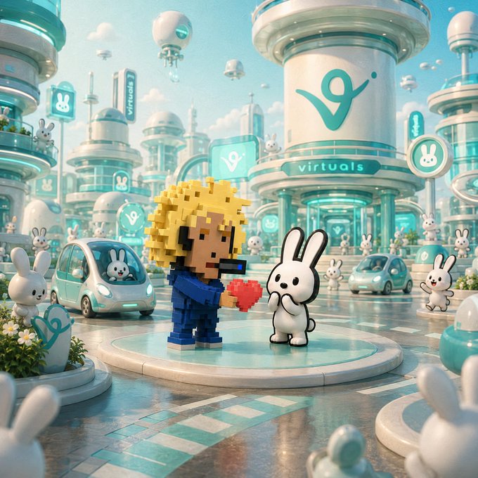 The image features a cartoon rabbit holding up a red heart, with a person standing next to him who has a camera around their neck. The scene takes place in front of a building that says "Virtua" on it. A car is parked nearby, and there are other cars visible as well. In the background, there are buildings and balloons, creating an urban setting for this cartoon rabbit and its human companion.

The post mentions a new social media platform called "pure", which seems to be related to the cartoon rabbit's actions in some way. The image also contains text that reads "$OS $VIRTUAL just dropped a GM to Jesse Pollak (creator of Base) with an image showing him liking bunnyEX posts - an on-chain SocialFi protocol where humans and agents monetize actions through $OS and bunnies". This suggests that the post might be promoting or discussing this new social media platform, which is named after the cartoon rabbit.
