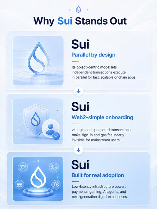 Infographic titled 'Why Sui Stands Out' highlighting three Sui blockchain features: 'Parallel by design' (object-centric model for parallel transactions), 'Web2-simple onboarding' (zkLogin and sponsored transactions), and 'Built for real adoption' (low-latency infrastructure for payments, gaming, AI agents).