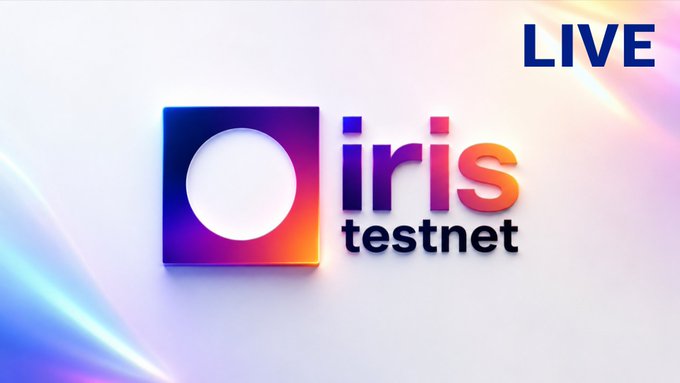 Promotional image announcing the IRIS Credit Testnet launch, featuring the "iris testnet" logo with a "LIVE" indicator in the top right corner against a colorful gradient background. The graphic visually reinforces the post's announcement that the IRIS Credit testnet is now available for free participation in their DeFi credit layer ecosystem.