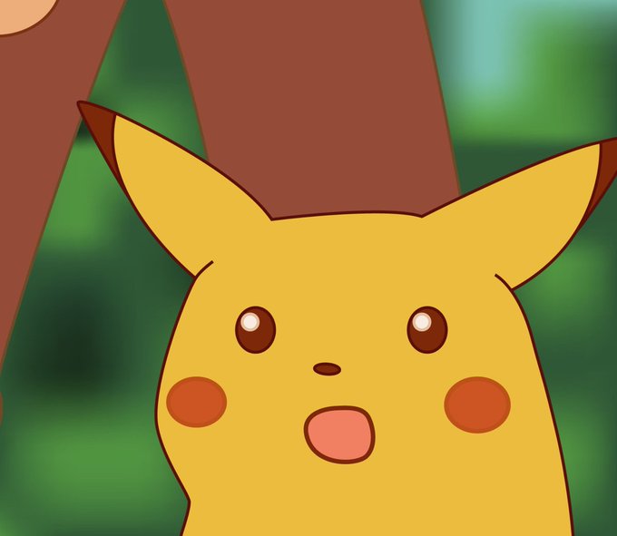 A close-up illustration of Pikachu with a surprised expression, set against a blurred green forest background.