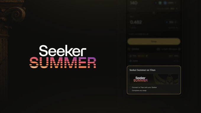 A digital promotional graphic for 'Seeker Summer on Titan' showing the Seeker Summer logo and a swap interface.