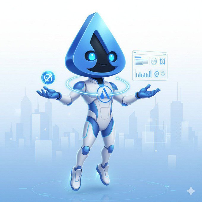 A futuristic blue-and-white humanoid mascot with a triangular arrow-shaped head floats above a city skyline, juggling a holographic dashboard of charts and a coin icon while displaying the "A" Aptos logo on its chest—visually representing the week's optimization focus on yield, liquidity, or capital efficiency for Aptos builders.