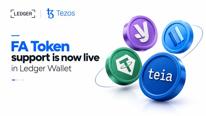 A promotional graphic announcing 'FA Token support is now live in Ledger Wallet', featuring the Ledger and Tezos logos alongside 3D coin icons for 'y', an unidentified blue coin, 'T', and 'teia'.