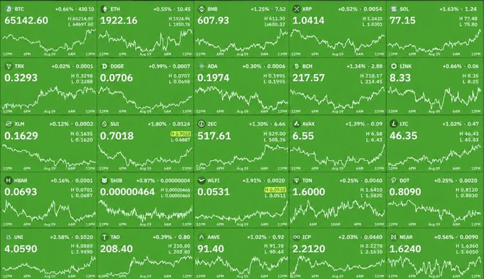 A green-themed cryptocurrency market dashboard showing price tickers and charts for various coins including BTC (65142.60), ETH (1922.16), BNB, XRP, SOL, TRX, DOGE, ADA, BCH, and LINK.