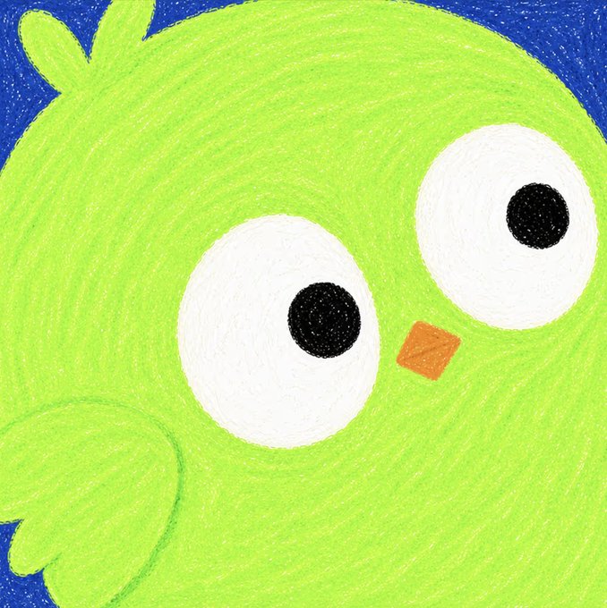 A colored pencil drawing of a green Duolingo owl character with large eyes and an orange beak on a blue background.