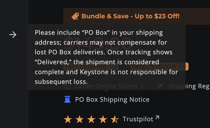 A website tooltip explains Keystone's PO Box shipping policy, noting that carriers may not compensate for lost PO Box deliveries and that tracking marked "Delivered" completes their responsibility. The notice supports the post's promotion of privacy-friendly PO Box delivery as an anonymous ordering option with no home address required.