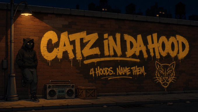 An illustrated street scene at night showing a graffiti wall reading 'CATZ iN DA HOOD' with '4 HOODS. NAME THEM.' underneath, featuring a hooded figure, a boombox, and a cat drawing.