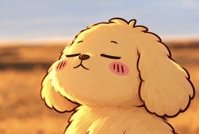 A cartoon illustration of a fluffy golden dog with closed eyes and blushing cheeks, set against a warm, blurred outdoor background.