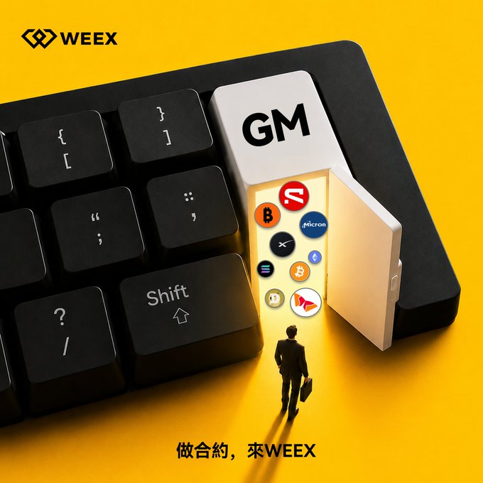 A WEEX ad showing a keyboard with a 'GM' key opening a door for a suited figure, with crypto icons and Chinese text '做合約，來WEEX'.
