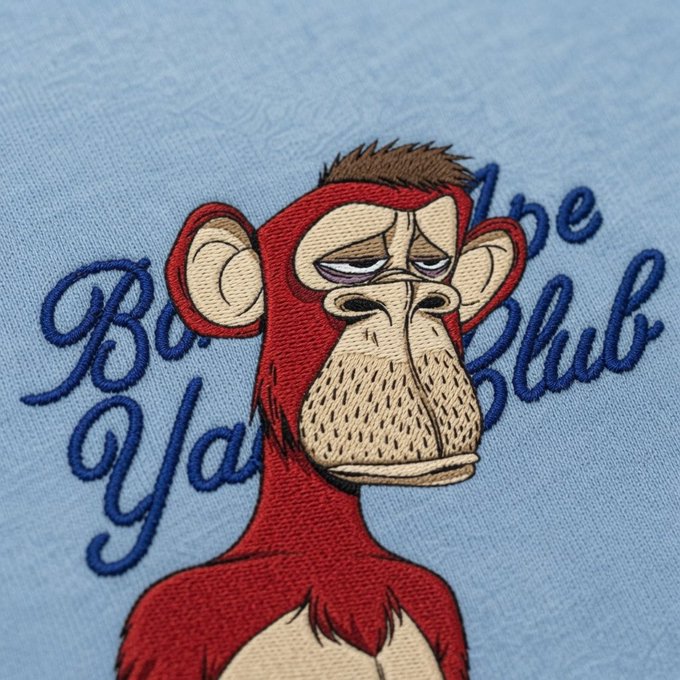 Embroidery on light blue fabric featuring a sad-looking red cartoon monkey with the text 'Bon Voyage' (partially visible as 'B... Voy...').