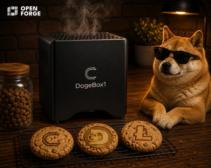 The image features a sleek black "DogeBox1" device next to a cool Shiba Inu wearing sunglasses, with three freshly baked cookies stamped with the symbols for $CYS, $DOGE, and $LTC—matching the post's playful theme of "cooking up" crypto rewards with zero experience needed.