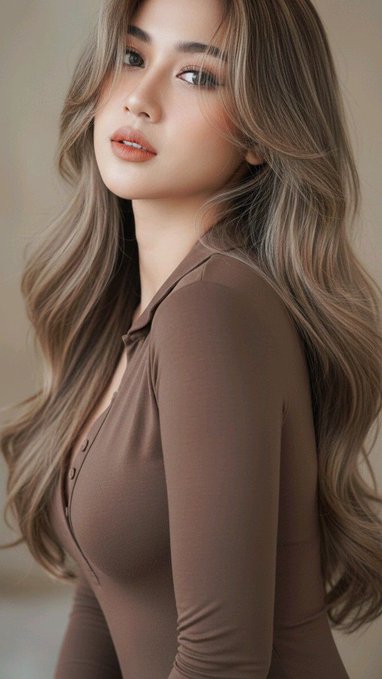 A portrait of a young woman with long wavy brown hair wearing a brown ribbed button-up top, posing against a neutral background.