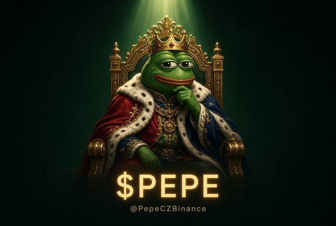 A digital illustration of Pepe the Frog depicted as a king wearing a crown and royal robes, sitting on an ornate golden throne. Text at the bottom reads '$PEPE' and '@PepeCZBinance'.