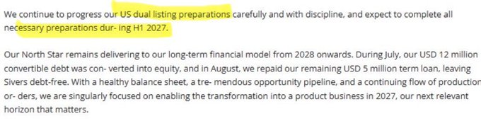 The image displays a highlighted excerpt from Sivers Semiconductors' corporate communication, with yellow highlights emphasizing their timeline for completing US dual listing preparations during H1 2027. The text also mentions key financial updates including the conversion of a $12 million USD convertible debt into equity and repayment of a $5 million term loan in July and August, leaving the company debt-free as they prepare for a product business transformation in 2027.