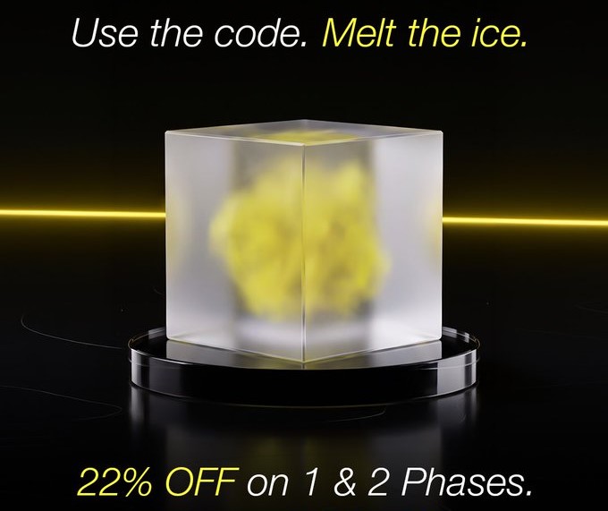 A promotional graphic with the tagline 'Use the code. Melt the ice.' shows an ice cube containing a yellow flame on a black platform, advertising '22% OFF on 1 & 2 Phases.'
